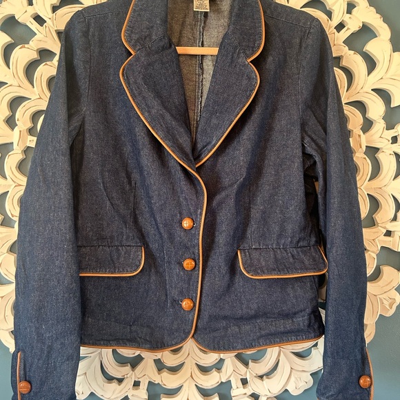 Vintage Rare Forenza Indigo Denim Blazer and Skirt with Tan Piping size 18 - Picture 3 of 12